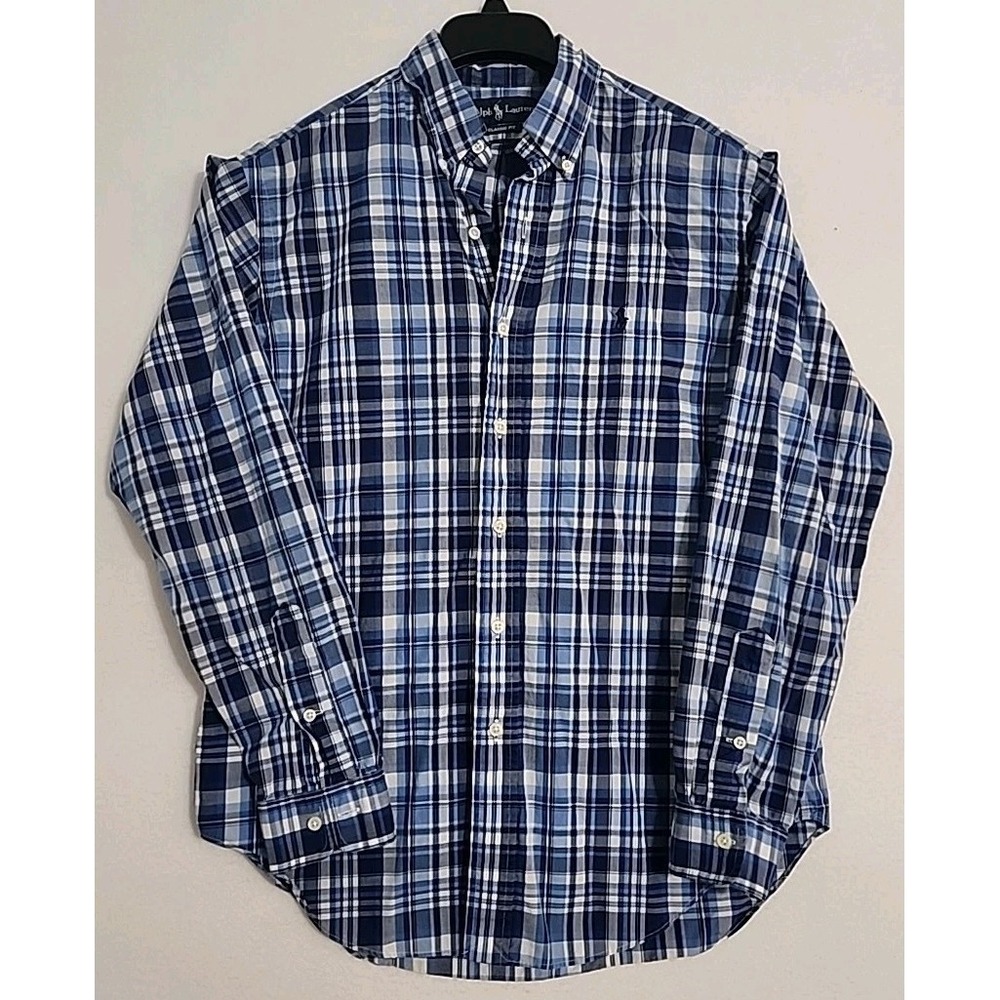 Ralph Lauren Mens Medium Classic Fit Blue Plaid Long Sleeve Button-up